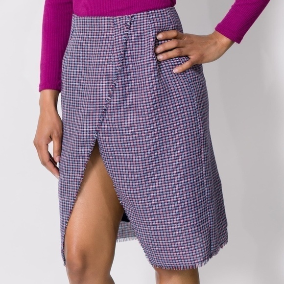 Shell N Wrap Tweed Fringe Knee Pencil Skirt Red S Work Office Preppy Classic - Picture 1 of 4